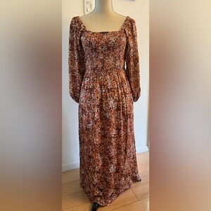 MinkPink Boho Maxi Dress Autumn Floral Smocked Balloon Sleeves LARGE Australian